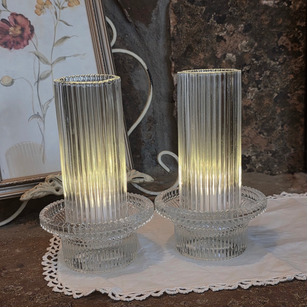 Vintage Clear Ribbed Glass Married Fairy Lamp Candle Holder Pair Set of 2 MCM